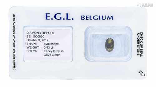 Diamant 0,93 ct, Oval Shape, Fancy Greyish Olive Green, very good/very good, Fluorescence:none, 7,68