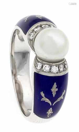 Fa. Faberge Akoya-Emaille-Brillant-Ring WG 750/000 mit einer Akoyaperle 7 mm, 10Brillanten, zus. 0,