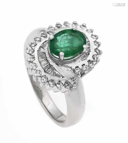 Smaragd-Brillant-Ring WG 750/000 mit einem oval fac. Smaragd 8 x 6 mm sowie Brillanten undDiamant-
