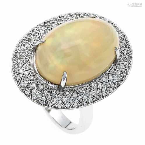 Opal-Brillant-Ring WG 750/000 mit einem exzellenten ovalen Milchopalcabochon 10,6 ct, 18 x13 mm, mit