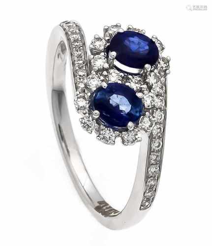 Saphir-Brillant-Ring WG 750/000 mit zwei oval fac. Saphiren, zus. 0,87 ct in sehr guterFarbe und