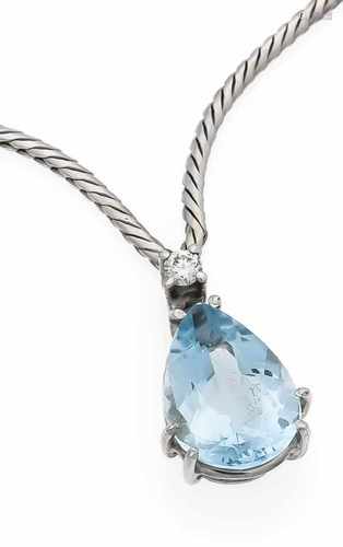 Aquamarin-Brillant-Collier WG 585/000 mit einem tropfenförmig fac. Aquamarin 12,5 x 8,9mm, 3,22 ct