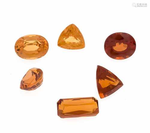 Spessartin-Konvolut 6 Stück von 3,35 ct bis 1,55 ct, zus. 14,60 ct, 2x oval fac., 2xTriangle-, 1x