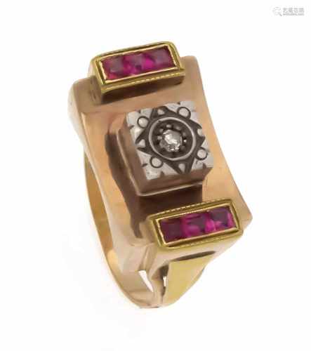 Rubin-Diamant-Ring RG 750/000 mit carréeförmig fac. Rubinen je 2 mm und einem Diamanten0,02 ct l.