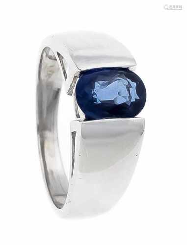 Saphir-Ring WG 750/000 mit einem oval fac. blauen Saphir 8 x 6 mm in sehr guter Farbe, RG57, 5,3