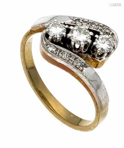 Brillant-Ring GG/WG 585/000 mit 3 Brillanten und 6 Diamanten, zus. 0,40 ct l.get.W/VS, RG54, 5,1