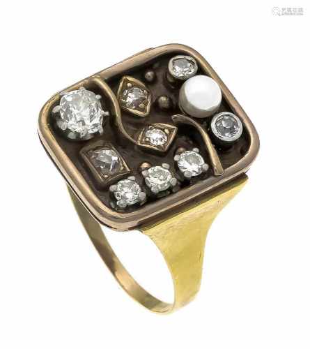 Altschliffdiamant-Ring GG 585/000 mit einer weißen Akoyaperle 4 mm sowieAltschliffdiamanten und