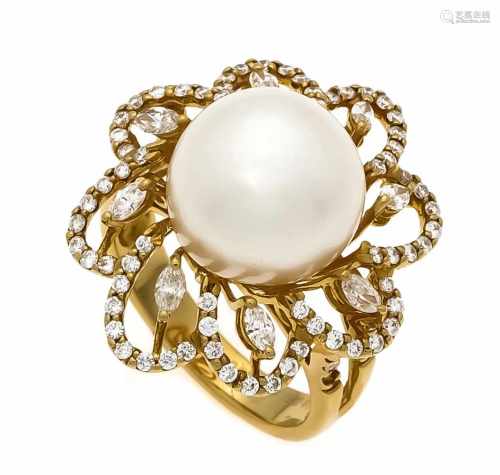 Perlen-Brillant-Ring GG 750/000 mit einer feinen Zuchtperle 12 mm mit sehr wenignatürlichen
