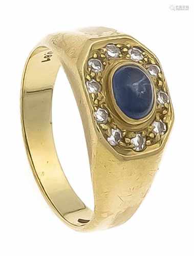 Saphir-Diamant-Ring GG 750/000 mit einem ovalen Saphircabochon 5,5 x 4 mm in guter Farbeund 10