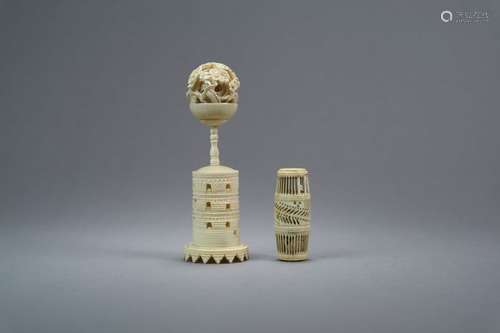 A Chinese Canton Ivory Puzzle Ball on Stand