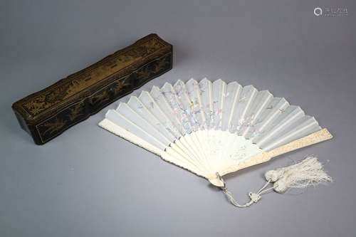 A Chinese Lacquer Cased Ivory and Embroidered Silk Fan