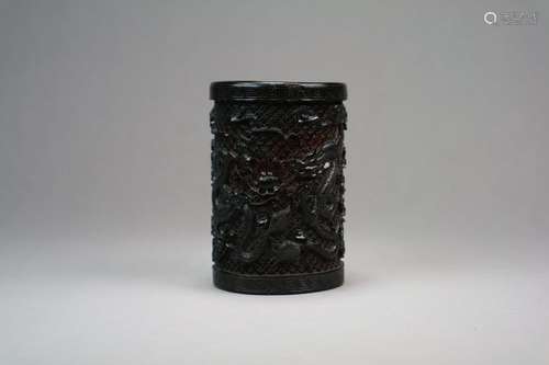 A Chinese Carved Faux Buffalo Horn Brush Pot