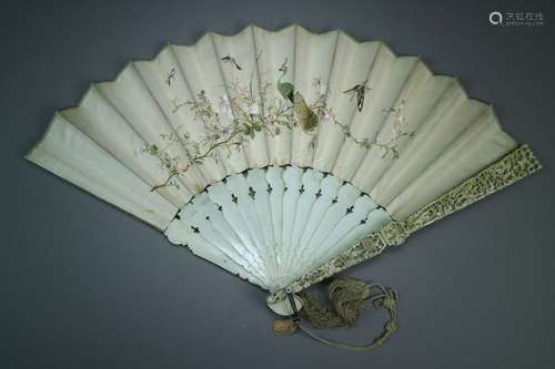 A Chinese Ivory and Embroidered Silk Fan