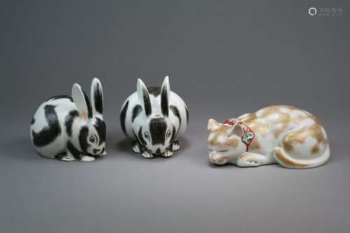 A Pair of Japanese Kutani Porcelain Rabbits