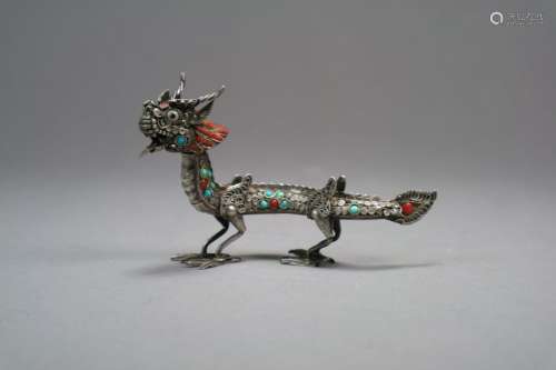 A Sino-Tibetan Jewelled Silver Dragon Scent Bottle