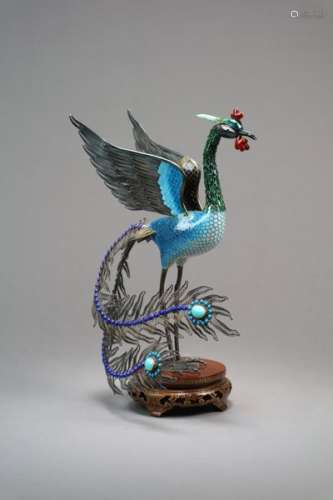 A Chinese Enamelled Silver Figure of a Phoenix Bird