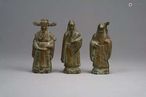 Three Chinese bronze figures of Fu, Lu and Shou