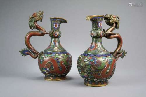 A Pair of Chinese Cloisonné Dragon Ewers
