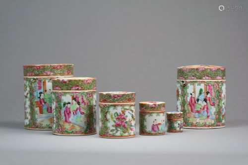 Two Sets of Graduated Canton Famille Rose Pots and Covers