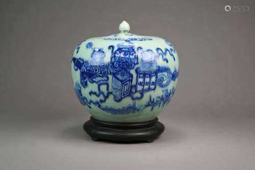 A Chinese Celadon Blue and White Ginger Jar and Cover