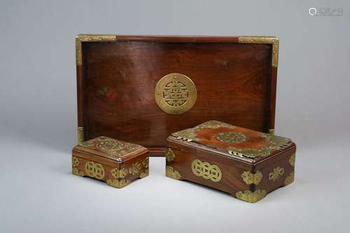 A Chinese Brass-Mounted Rosewood Desk Set