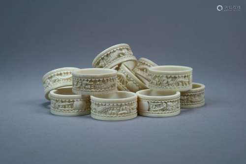 A Set of Twelve Canton Carved Ivory Napkin Rings