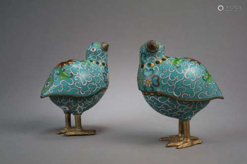 A Pair of Chinese Cloisonné Quail Censers