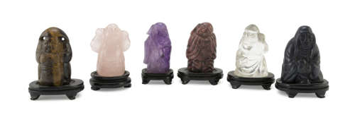 SIX CHINESE HARD STONE SCULPTURES, 20TH CENTURY. representing Buddhist and Taoist subjects. Measures