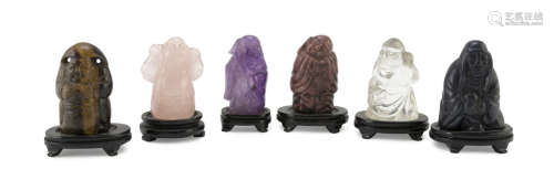 SIX CHINESE HARD STONE SCULPTURES, 20TH CENTURY. representing Buddhist and Taoist subjects. Measures
