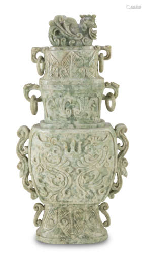 A BIG CHINESE SERPENTINE VASE, 20TH CENTURY. decorated with archaizing representations of chilong