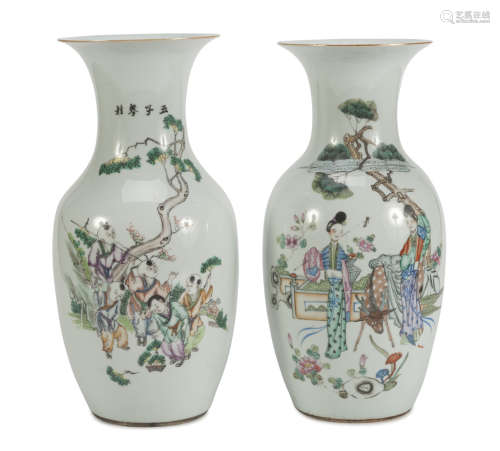 A PAIR OF CHINESE POLYCHROME PORCELAIN VASES, 20TH CENTURY decorated with representations of
