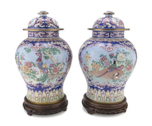 A PAIR OF CHINESE CLOISONNÈ METAL VASES, 20TH CENTURY. decorated with compositions of peonies,