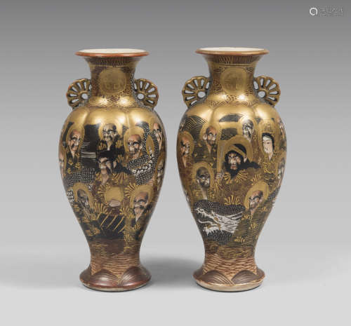 A PAIR OF JAPANESE CERAMIC VASES, LATE 19TH CENTURY polychrome and gold glaze, decorated with