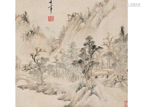 董其昌（1555～1636） 山水斗方 立轴 设色纸本