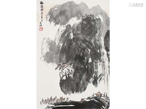 孙克纲（b.1923） 观瀑图 镜片 设色纸本