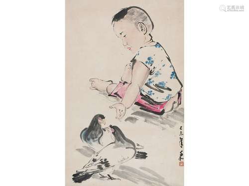 蒋兆和（1904～1986） 儿童和平鸽 屏轴 设色纸本