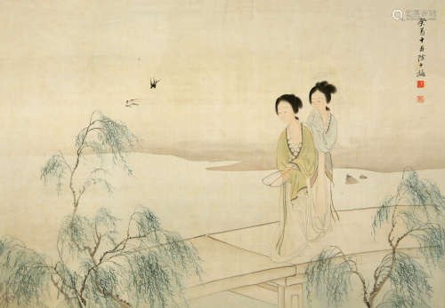陈少梅（1909～1954） 1933年作 柳堤仕女 镜心 设色绢本