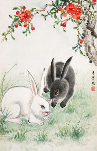 吴青霞（1910～2008） 双兔 镜心 设色纸本