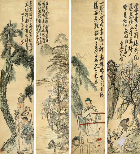 王震（1867～1938） 1936年作 山水人物 四屏立轴 设色笺本