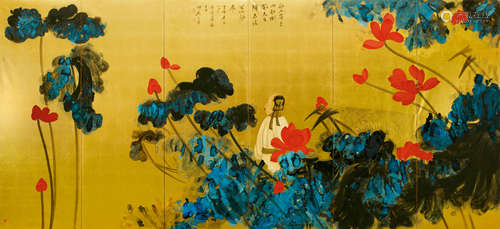 匡仲英（b.1924） 1981年作 泼彩荷花通景屏 屏风 设色金笺