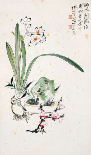 何海霞（1908～1998） 1976年作 开岁百福 立轴 设色纸本