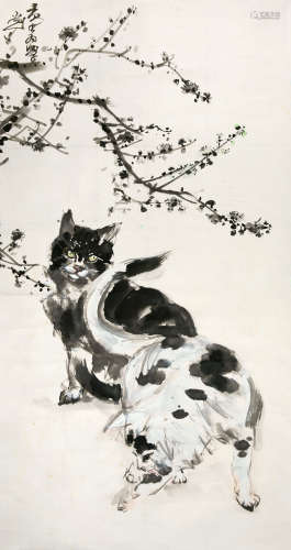 黄胄（1925～1997） 双猫 立轴 设色纸本