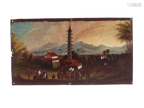 AN EARLY CHINESE SCHOOL OIL ON TIN PAINTING ‘PAZHOU PAG…