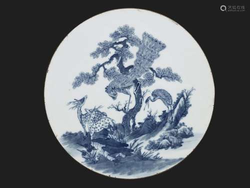 A BLUE AND WHITE ‘CRANE, PEACOCK AND DEER’ CIRCULAR POR…