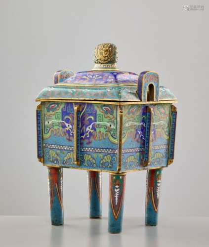 A CLOISONNÉ ENAMEL CENSER AND COVER, FANGDING, QING DYN…