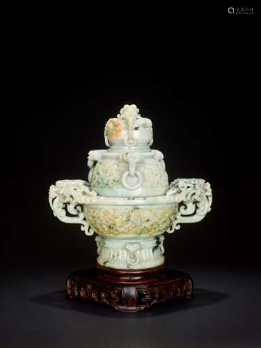 A LARGE ARCHAISTIC JADEITE ‘DRAGON’ VESSEL WITH COVER
