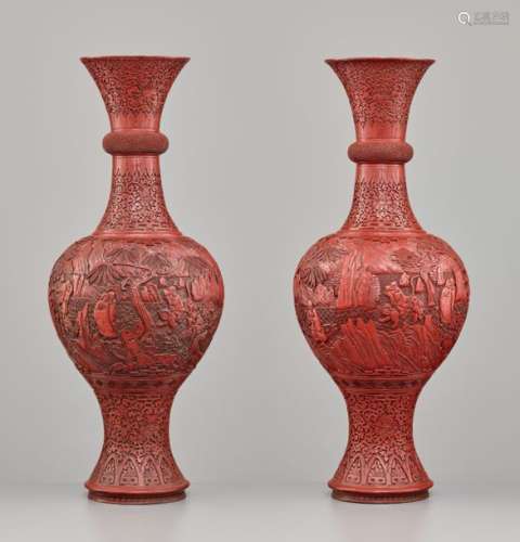 A LARGE PAIR OF CINNABAR LACQUER ‘EIGHT IMMORTALS’ VASE…