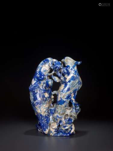 A LARGE CARVED LAPIS LAZULI ‘PARROTS AND PEACHES’ GROUP…