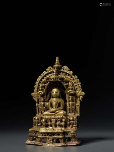 A SILVER AND COPPER INLAID JAIN BRASS SHRINE WITH MAHAV…