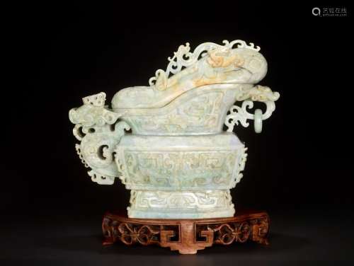 AN IMPRESSIVE ARCHAISTIC JADEITE GUANG VESSEL WITH COVE…